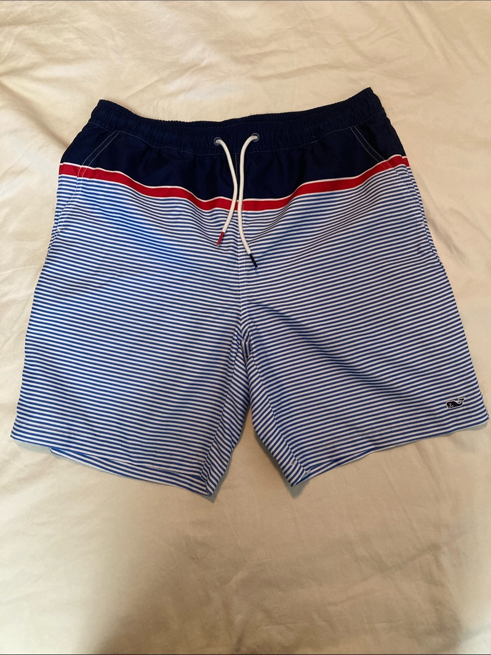 Men's Vineyard Vines Striped Navy & White Swim Trunks with Red Accent